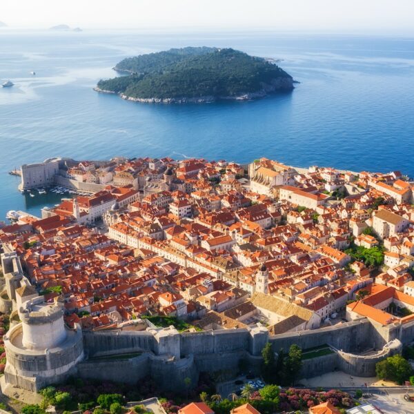 Dudrovnik, Croatia. Aerial view on the old town. Vacation and adventure. Town and sea. Top view from drone at on the old castle and azure sea. Travel - image