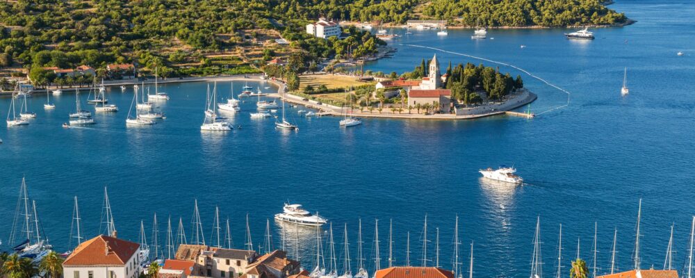 Vis town, Franciscan monastery and harbour, Vis Island, Croatia